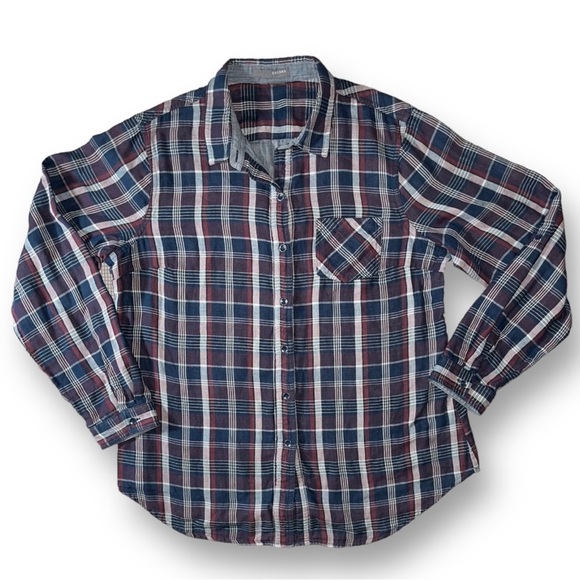 SANDRA Ingrish Red Maroon White Blue Chambray Trim Plaid Flannel Shirt Top XL - Picture 3 of 9